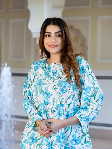 Orni Fashion Blue And White Floral print Top Co-ords Set