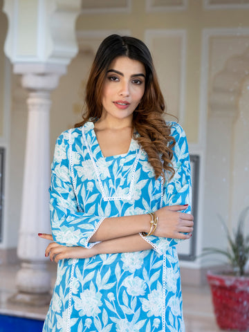 Orni Fashion Blue And White Floral print Top Co-ords Set