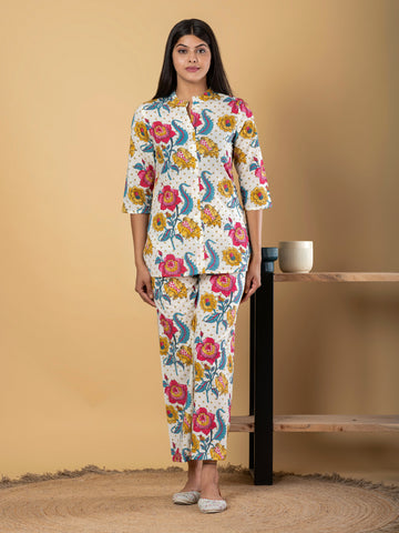 Orni Fashion Cream And Pink Floral print Shirt Co-ords Set