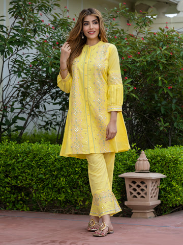 Orni Fashion Yellow Solid A-Line Co-orde Set
