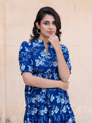 Orni Fashion Blue Printed Maxi Dress
