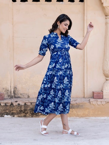 Orni Fashion Blue Printed Maxi Dress