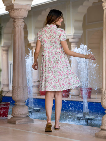 Orni Fashion Peach And White Floral print Fit And Flred Dress