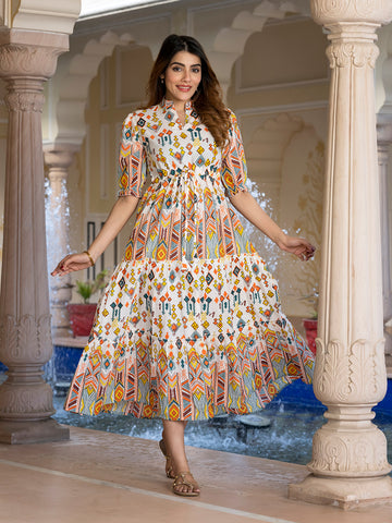 Orni Fashion Multi Abstract Fit And Flred Gathered or Pleated Dress