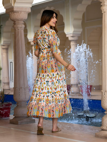 Orni Fashion Multi Abstract Fit And Flred Gathered or Pleated Dress