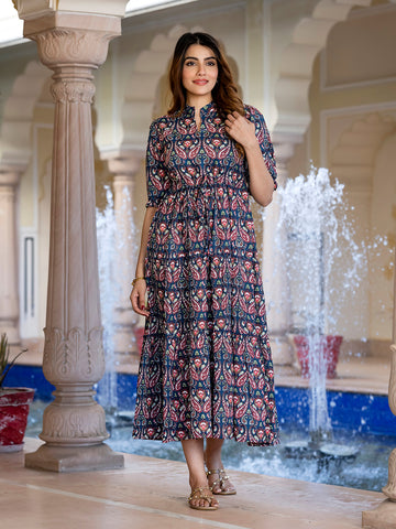 Orni Fashion Multi Paisley Fit And Flred Gathered or Pleated Dress