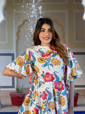 Orni Fashion White Floral print Fit And Flred Dress