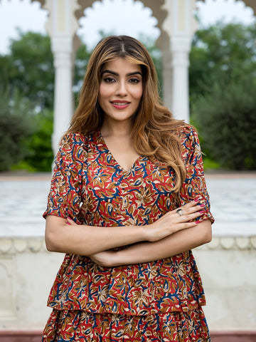 Orni Fashion Red And Blue Floral print Fit And Flred Dress