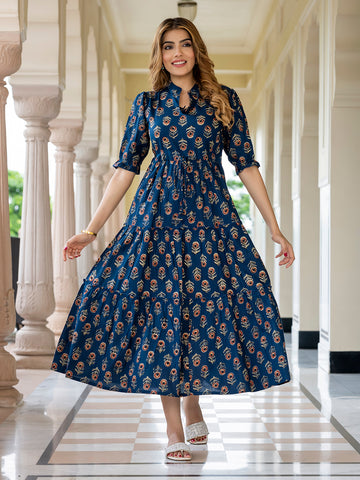 Orni Fashion Blue Floral print Fit And Flred Dress