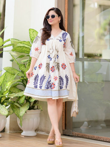 Orni Fashion Cream Fit and Flare Dress