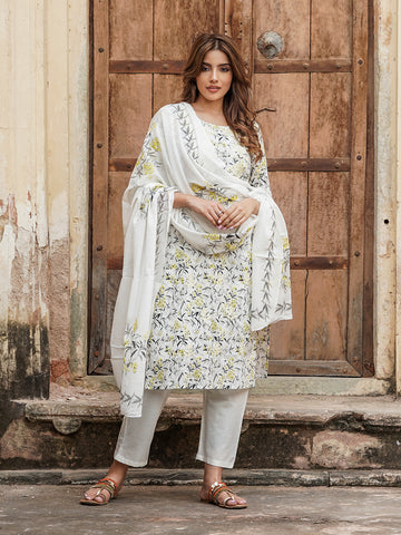Orni Fashion White Printed Straight Kurta & Dupatta