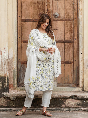 Orni Fashion White Printed Straight Kurta & Dupatta
