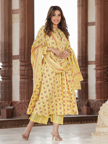 Orni Fashion Yellow Printed Anarkali Kurta & Dupatta