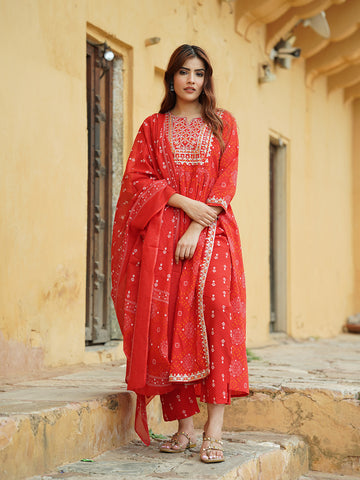 Orni Fashion Red Embroidered Anarkali Kurta & Dupatta
