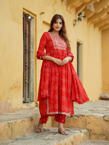 Orni Fashion Red Embroidered Anarkali Kurta & Dupatta