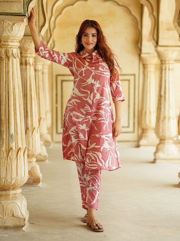 Pink Abstract A-Line Trousers Kurta set