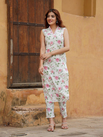 peach and White Floral Straight Trousers Kurta set