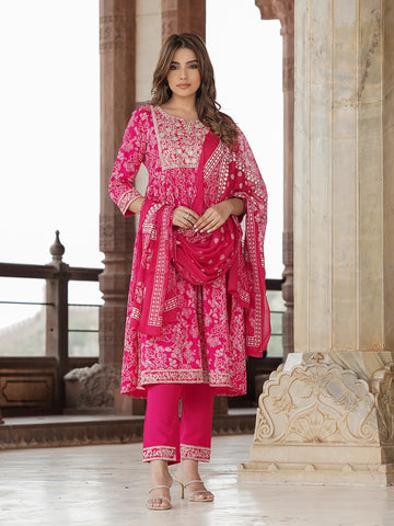 Orni Fashion Pink Viscose Rayon A-Line Kurta Set