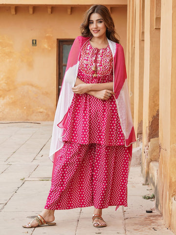 Pink Viscose Rayon A-Line Kurta Sharara Dupatta Set
