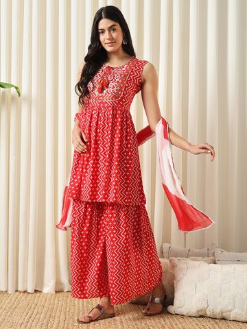 Orni Fashion Red Bandhani Print Empire Thread Work Kurta with Palazzos & With Dupatta