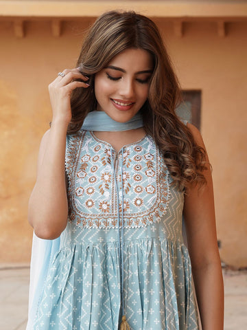 Light Bule viscose rayon A-Line Kurta Bottom And Dpatta