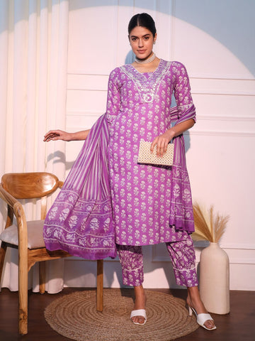 Floral Printed Regular Thread Work Pure Cotton Kurta with Trousers & With Dupatta