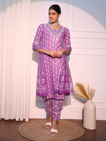 Floral Printed Regular Thread Work Pure Cotton Kurta with Trousers & With Dupatta