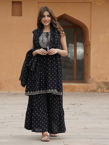 Black viscose rayon A-Line Kurta with Sharara with dupatta