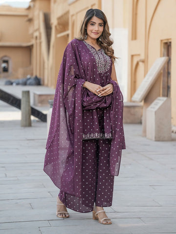 Purple Rayon A-Line Kurta with Sharara with dupatta