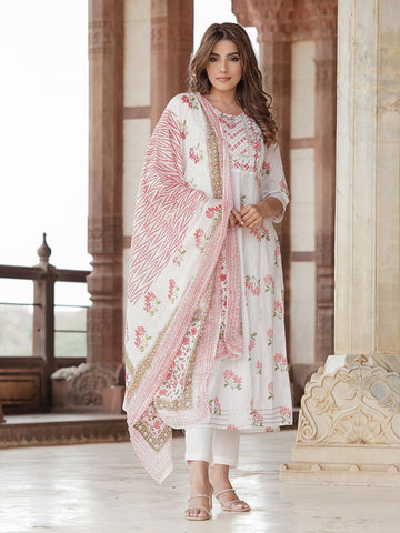 White cotton A-Line Kurta Set