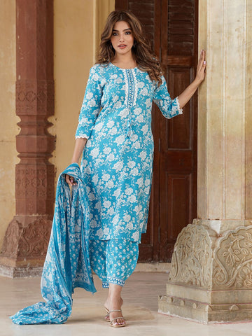 Light Bule cotton Straight Kurta Bottom And Dpatta