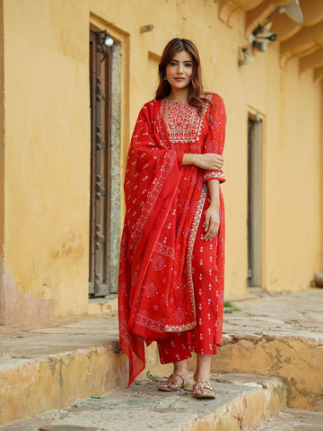 Red Embroidered Anarkali Trousers Kurta Bottom And Dupatta Set