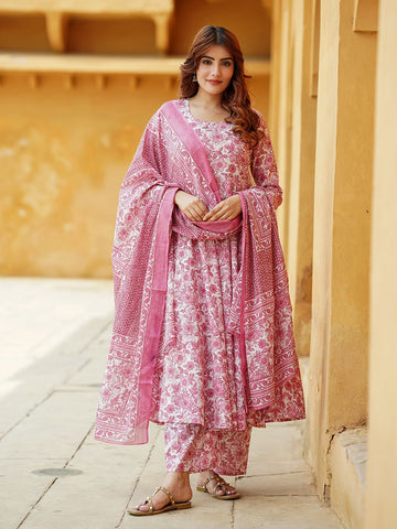 Orni Pink Floral Anarkali Trousers Kurta Bottom And Dupatta Set