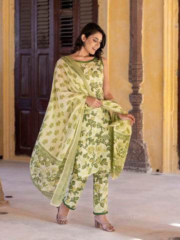 Orni Fashion Light Green Printed Straight Kurta Bottom And Dupatta Set