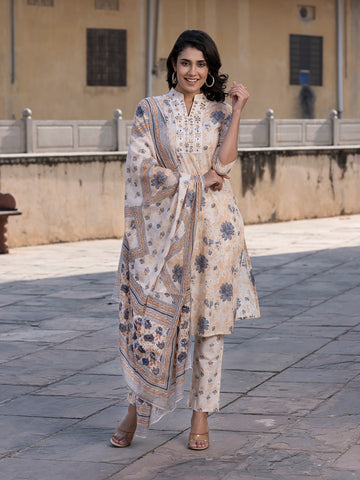 Orni Fashion Cream And Grey Embroidered Straight Kurta Bottom And Dupatta Set