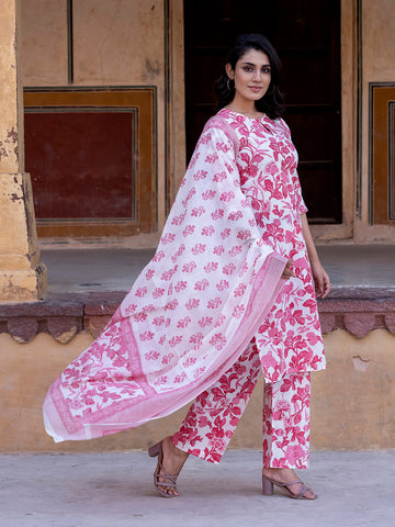 Orni Fashion Pink And White Printed Straight Kurta Bottom And Dupatta Set