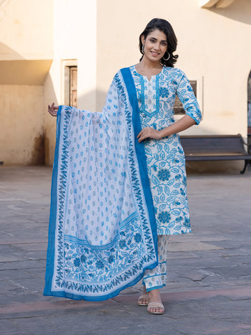 Orni Fashion Turquoise Blue And White Printed Straight Kurta Bottom And Dupatta Set