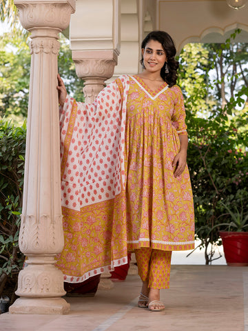 Orni Fashion Mustred Printed A-Line Kurta Bottom And Dupatta Set
