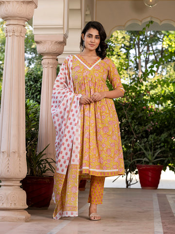 Orni Fashion Mustred Printed A-Line Kurta Bottom And Dupatta Set