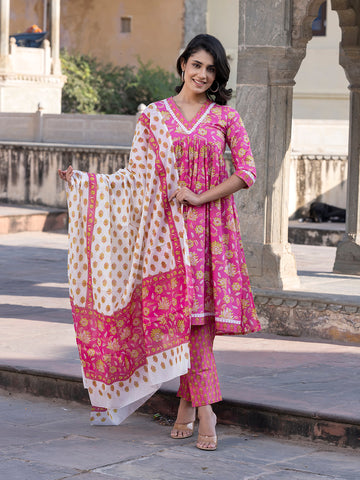 Orni Fashion Pink Printed A-Line Kurta Bottom And Dupatta Set