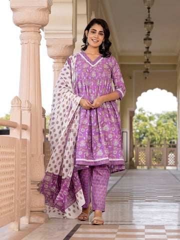 Orni Fashion Purple Printed A-Line Kurta Bottom And Dupatta Set
