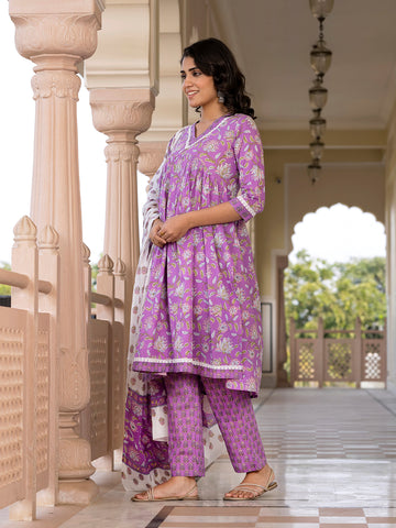 Orni Fashion Purple Printed A-Line Kurta Bottom And Dupatta Set