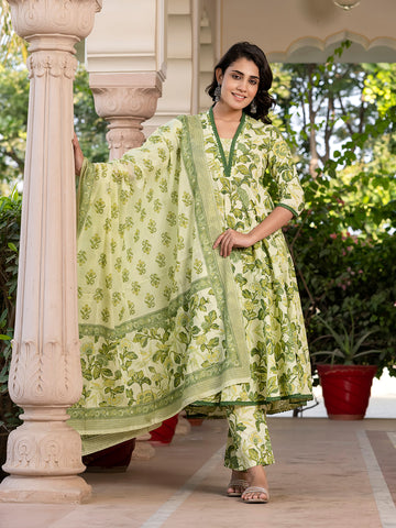 Orni Fashion Green Printed Anarkali Kurta Bottom And Dupatta Set