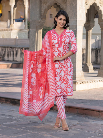 Orni Fashion Pink And White Embroidered Straight Kurta Bottom And Dupatta Set