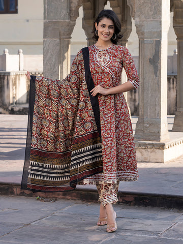 Orni Fashion Maroon Embroidered Anarkali Kurta Bottom And Dupatta Set