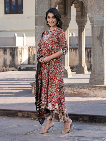 Orni Fashion Maroon Embroidered Anarkali Kurta Bottom And Dupatta Set