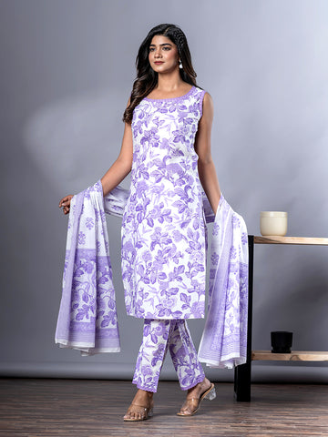 Orni Fashion Purple And White Floral print Straight Kurta Bottom And Dupatta Set