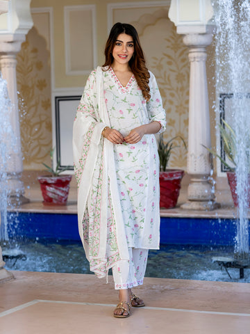 Orni Fashion White Floral print Straight Kurta Bottom And Dupatta Set