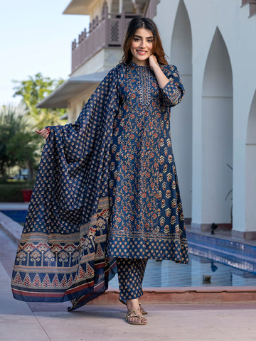 Orni Fashion Navy Blue Floral print Aanrakli Kurta Bottom And Dupatta Set