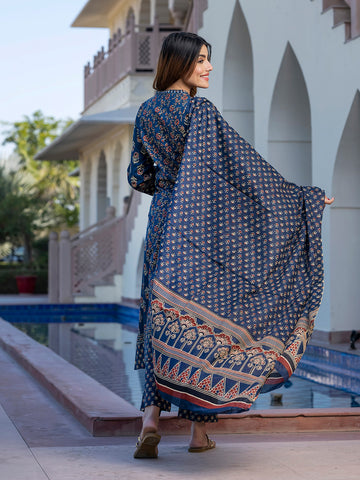 Orni Fashion Navy Blue Floral print Aanrakli Kurta Bottom And Dupatta Set